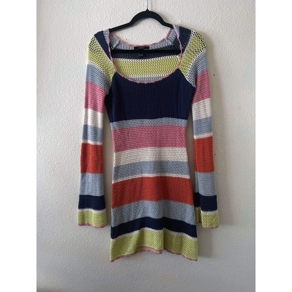 Forever 21 Womens Small Striped Crochet Mini Dress Cover Up Long Sleeve Cotton - Picture 1 of 7